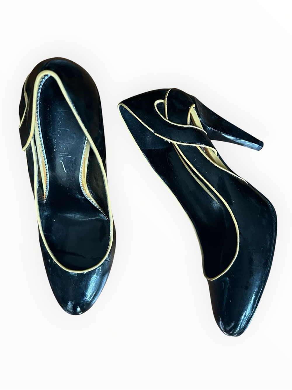 Nicole Miller Black Patent Leather Pumps Heels Tan Trim Woven Side Womenβs 8 Y2K